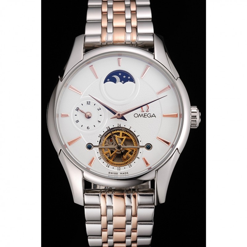 Omega De Ville Moonphase Tourbillon White Dial Stainless Steel Case Two Tone Steel Rose Gold Bracelet-1