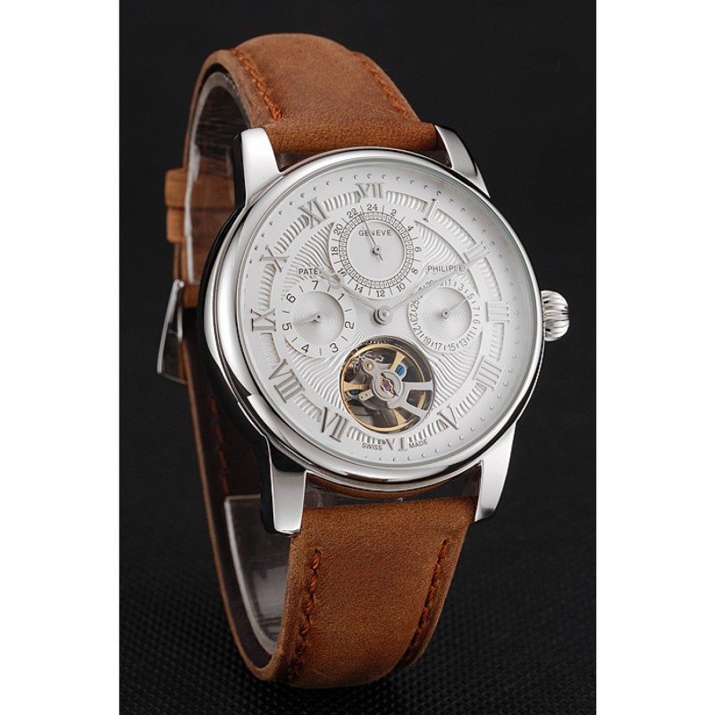 Patek Philippe Grand Complications Day Date Tourbillon Whie Dial Stainless Steel Case Brown Suede Leather Strap 1453817-2