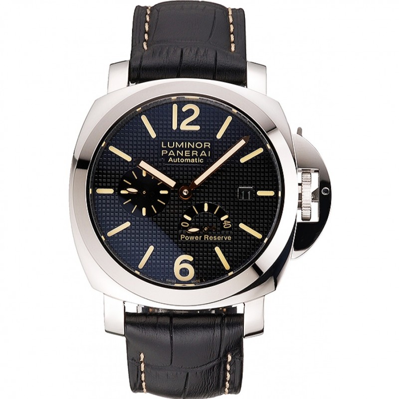 Panerai Luminor Automatic Power Reserve Black Embossed Dial Stainless Steel Case Black Leather Strap-0
