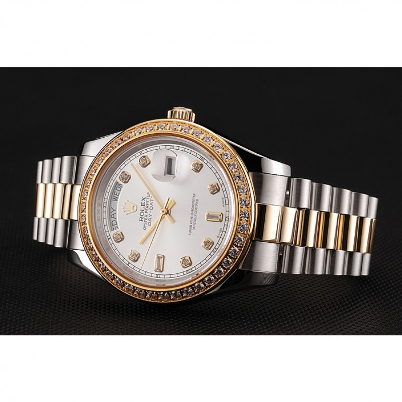 Swiss Rolex Day-Date White Dial Gold Diamond Case Two Tone Stainless Steel Bracelet 1453972-3