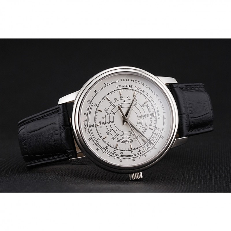 Swiss Patek Philippe Multi-Scale Chronograph White Dial Stainless Steel Case Black Leather Strap-4