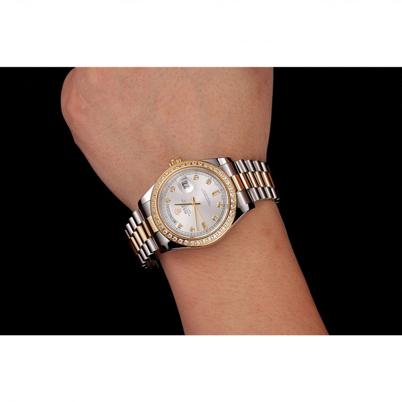 Swiss Rolex Day-Date White Dial Gold Diamond Case Two Tone Stainless Steel Bracelet 1453972-8