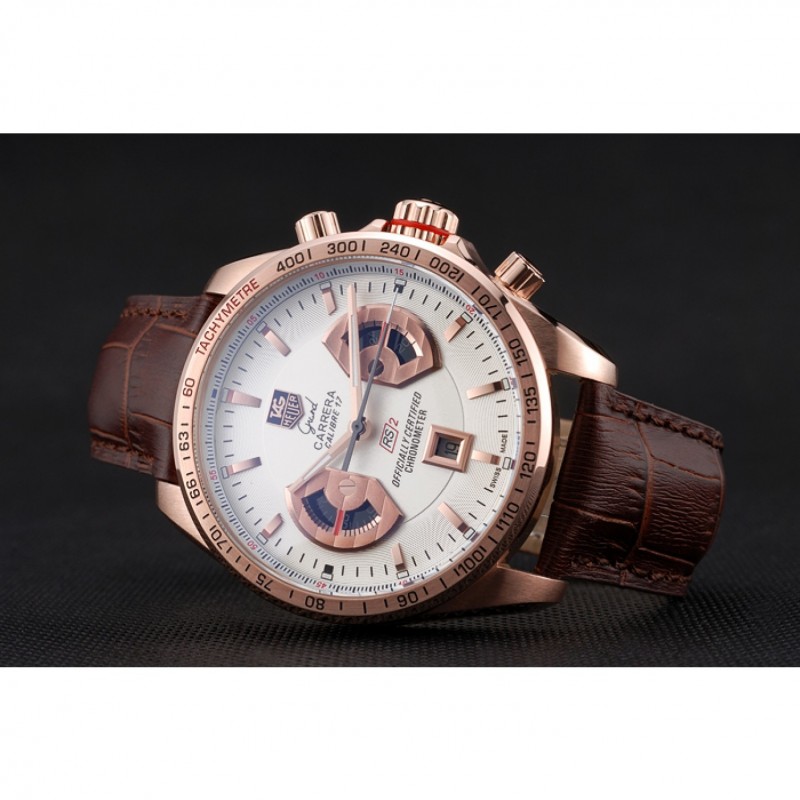 Tag Heuer Carrera Rose Gold Case White Dial Brown Leather Strap 98245-4