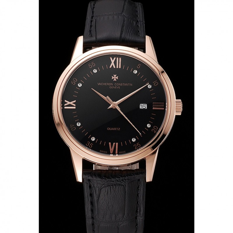 High End Replica Watches Vacheron Constantin Patrimony Chronometre Royal Black Dial Rose Gold Case Black Leather Strap-1